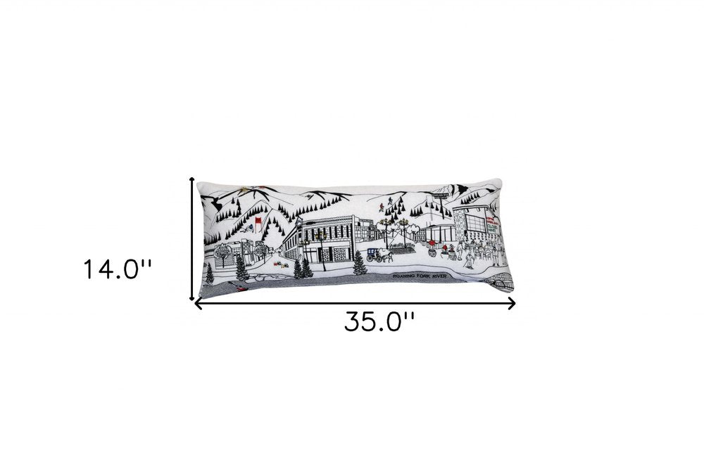 14" X 35" Dark Gray And White Aspen Nighttime Skyline Lumbar Wool Throw Pillow