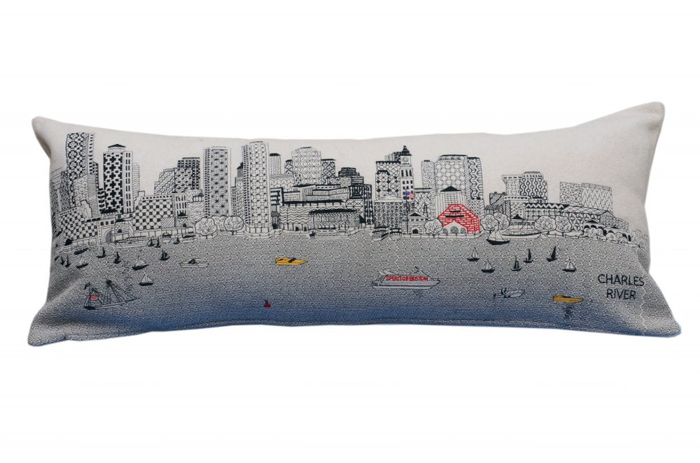 14" X 35" Dark Gray And White Boston Night Skyline Lumbar Decorative Pillow