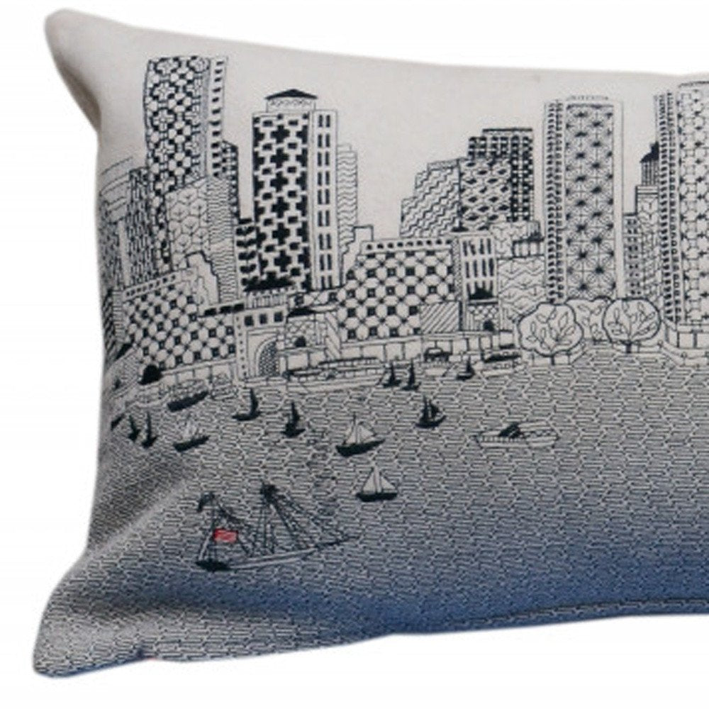 14" X 35" Dark Gray And White Boston Night Skyline Lumbar Decorative Pillow