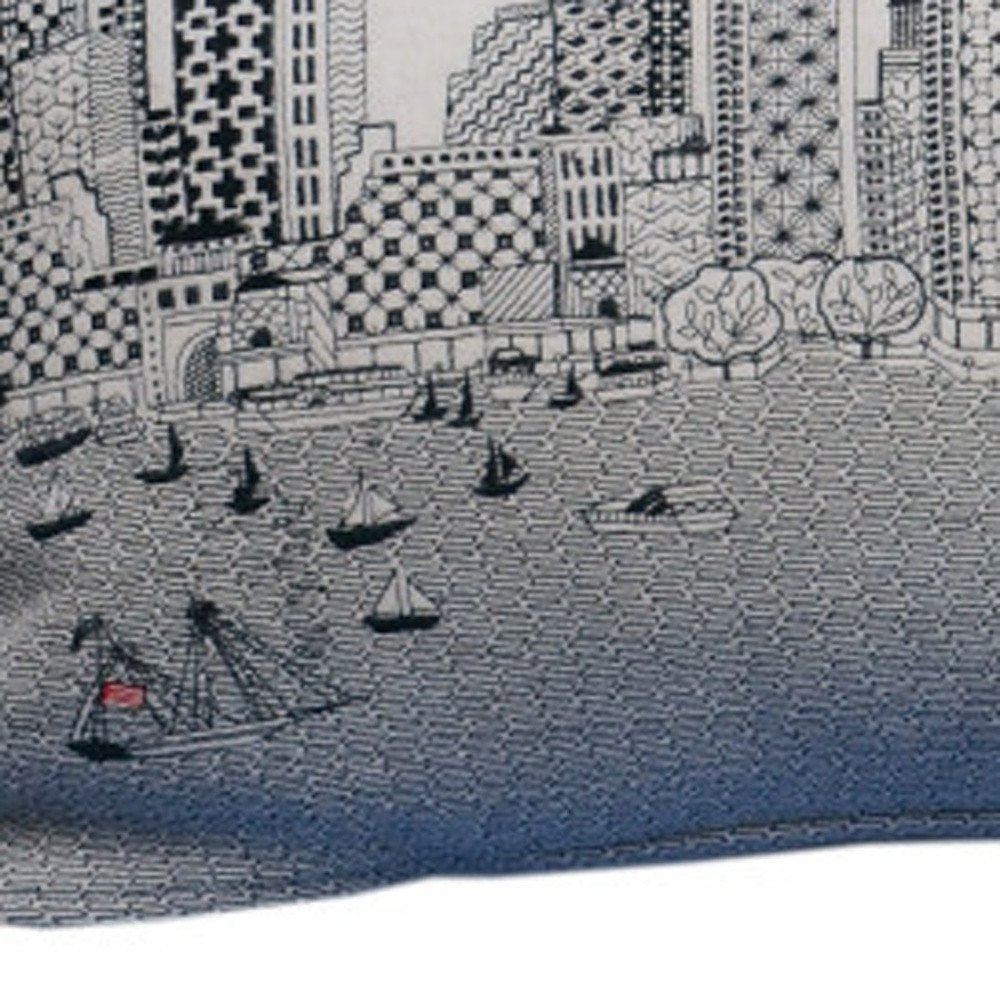 14" X 35" Dark Gray And White Boston Night Skyline Lumbar Decorative Pillow