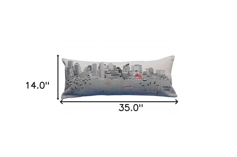 14" X 35" Dark Gray And White Boston Night Skyline Lumbar Decorative Pillow