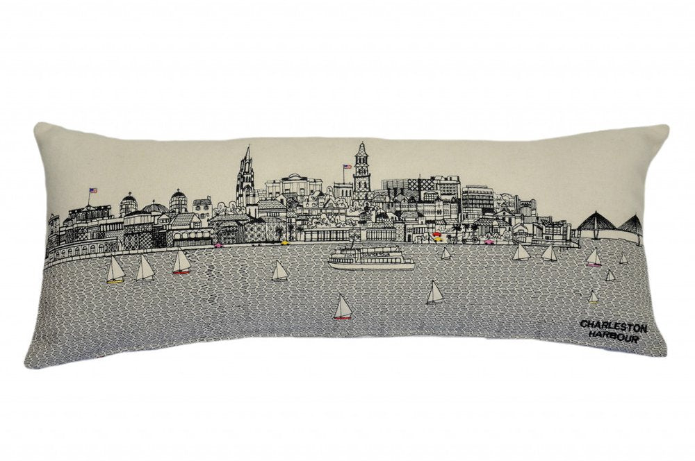 14" X 35" Dark Gray And White Charleston Nighttime Skyline Lumbar Decorative Pillow