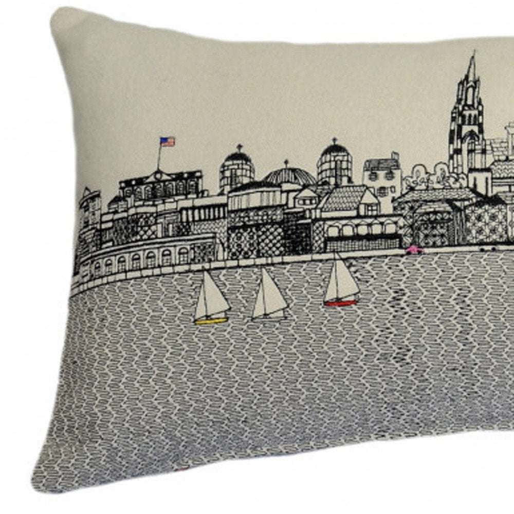 14" X 35" Dark Gray And White Charleston Nighttime Skyline Lumbar Decorative Pillow