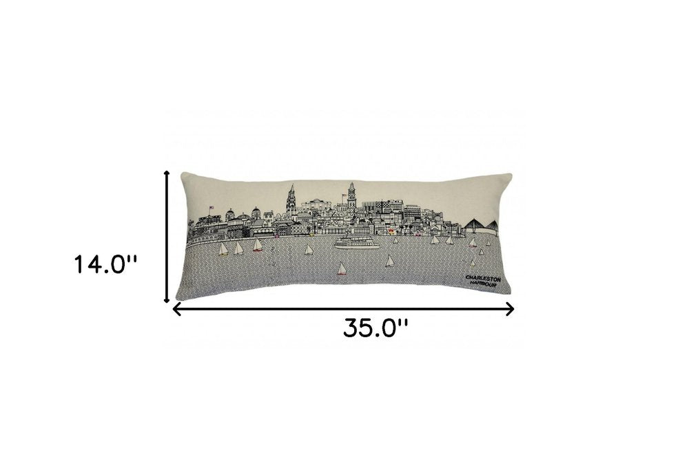 14" X 35" Dark Gray And White Charleston Nighttime Skyline Lumbar Decorative Pillow