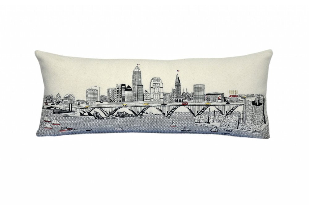 14" X 35" Dark Gray And White Cleveland Nighttime Skyline Lumbar Decorative Pillow