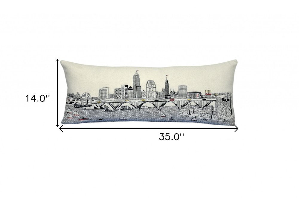 14" X 35" Dark Gray And White Cleveland Nighttime Skyline Lumbar Decorative Pillow