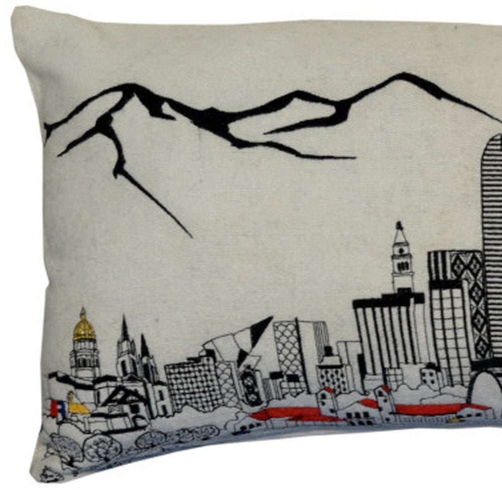 14" X 35" Dark Gray And White Denver Nighttime Skyline Lumbar Decorative Pillow