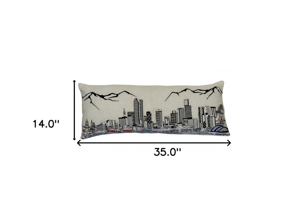 14" X 35" Dark Gray And White Denver Nighttime Skyline Lumbar Decorative Pillow