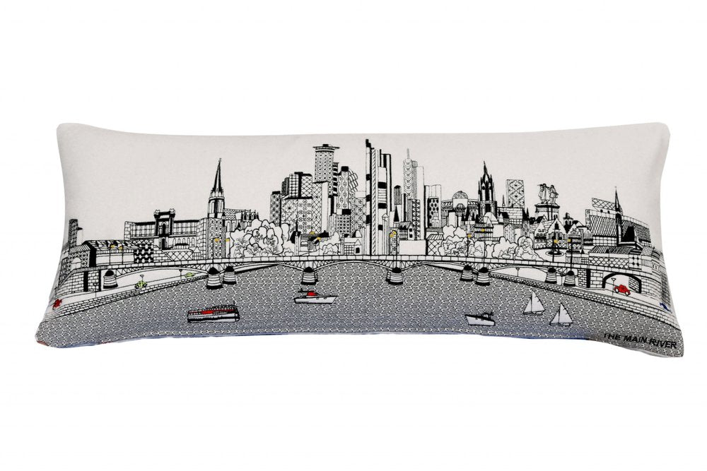 14" X 35" Dark Gray And White Frankfurt Nighttime Skyline Lumbar Decorative Pillow