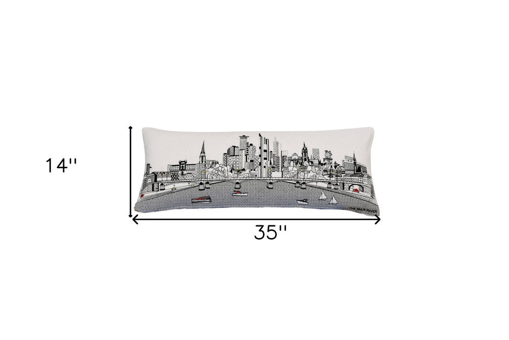 14" X 35" Dark Gray And White Frankfurt Nighttime Skyline Lumbar Decorative Pillow