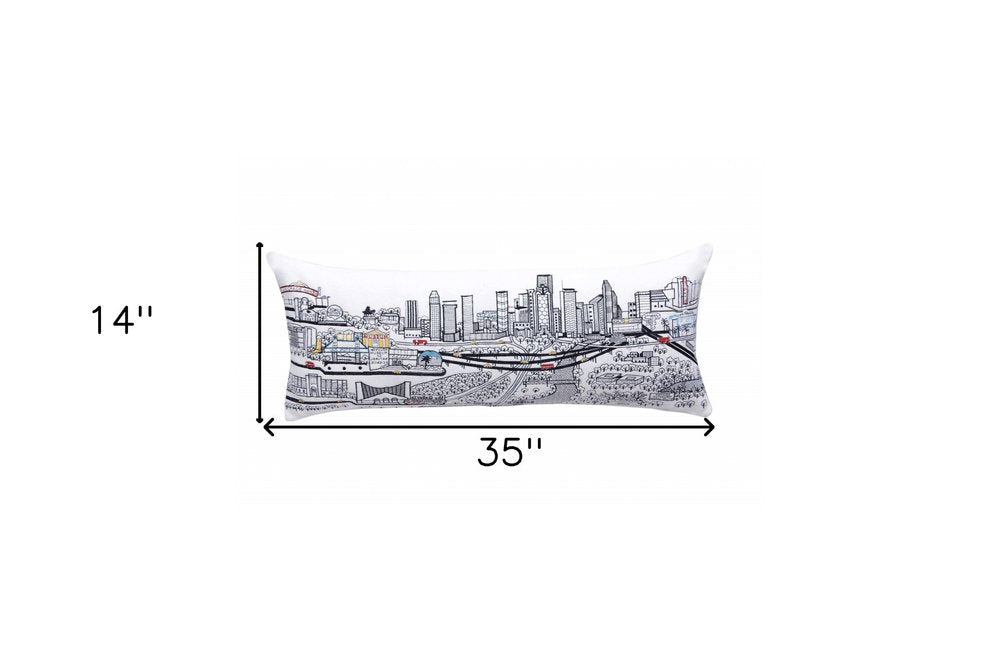 14" X 35" Dark Gray And White Houston Nighttime Skyline Lumbar Decorative Pillow