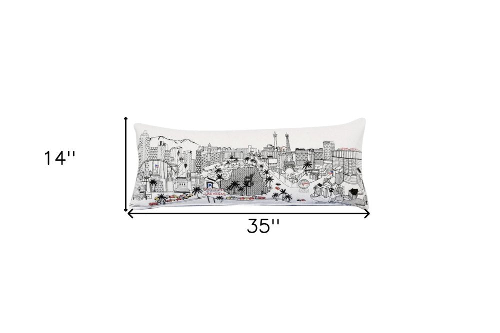 14" X 35" Dark Gray And White Las Vegas Nighttime Skyline Lumbar Decorative Pillow