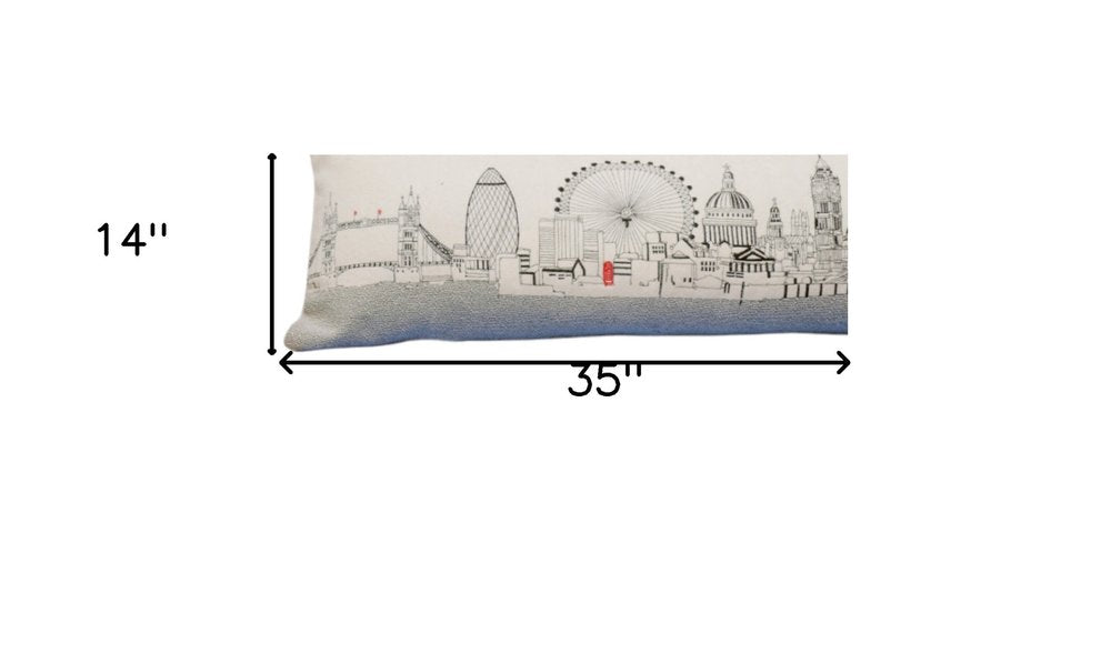 14" X 35" Dark Gray And White London Nighttime Skyline Lumbar Decorative Pillow