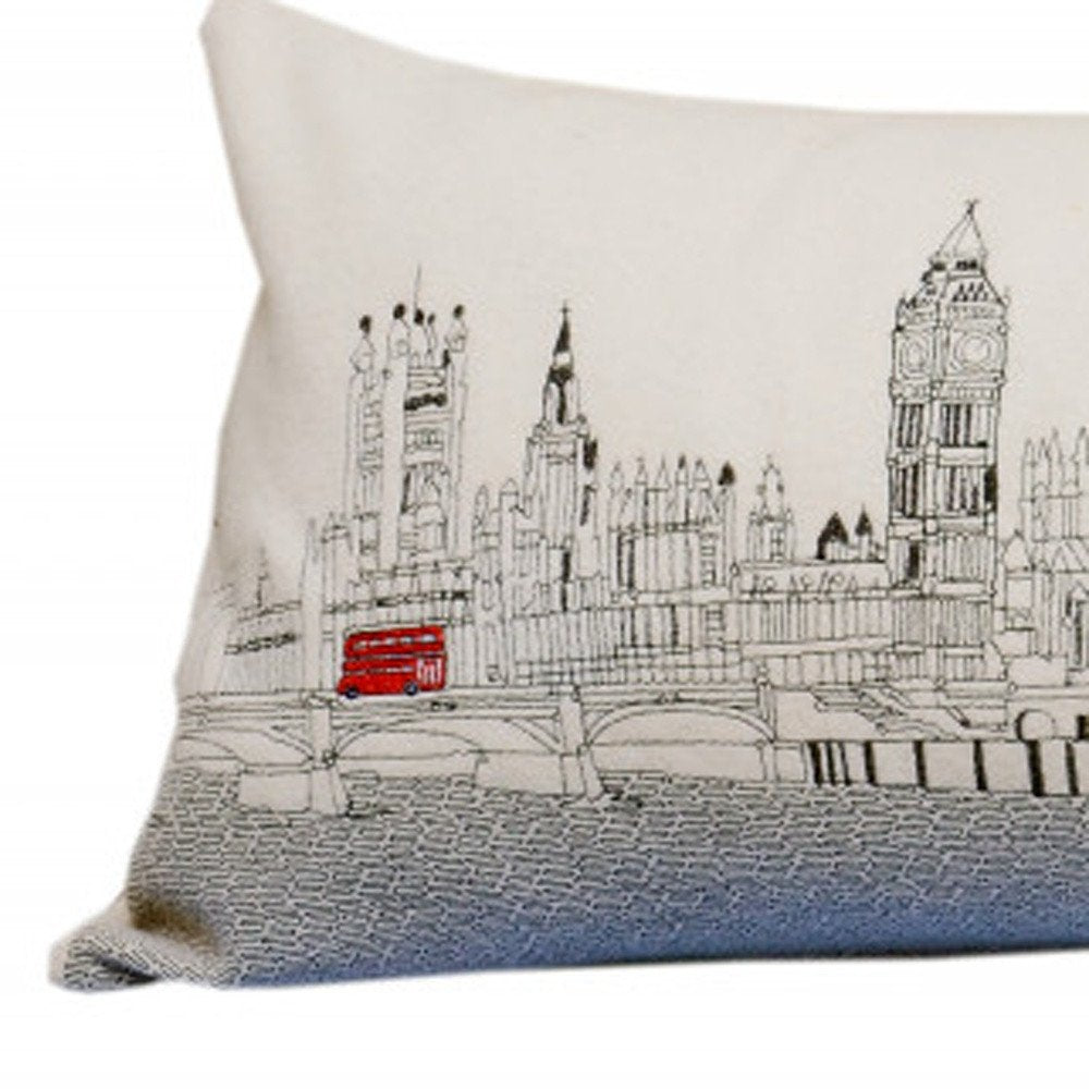 14" X 35" Dark Gray And White London Nighttime Skyline Lumbar Decorative Pillow