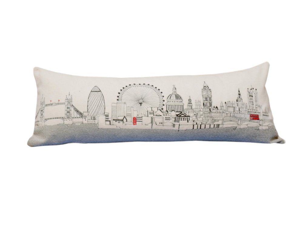 14" X 35" Dark Gray And White London Nighttime Skyline Lumbar Decorative Pillow