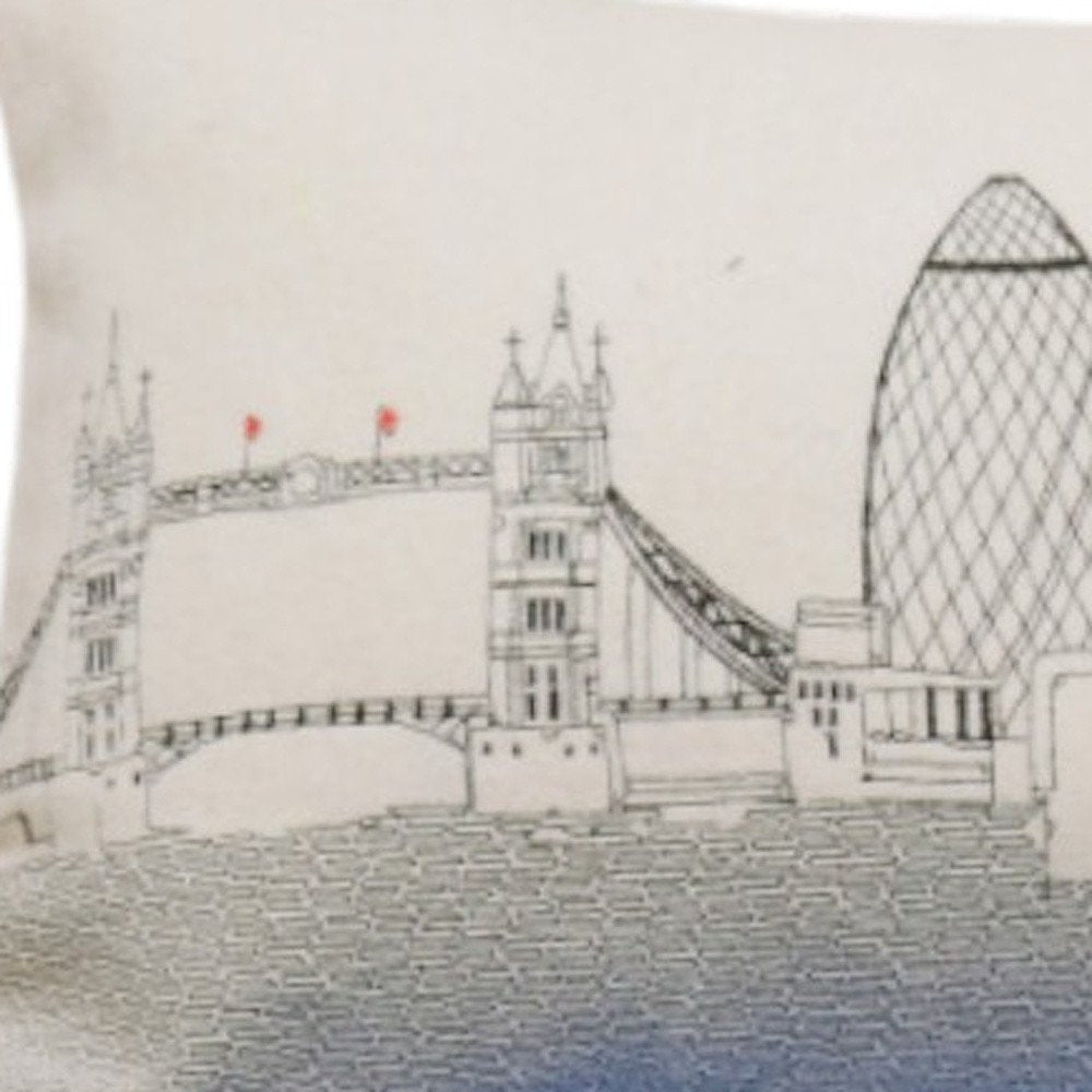 14" X 35" Dark Gray And White London Nighttime Skyline Lumbar Decorative Pillow