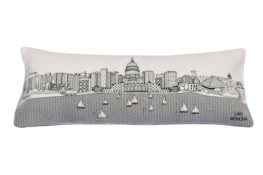 14" X 35" Dark Gray And White Madison Nighttime Skyline Lumbar Decorative Pillow