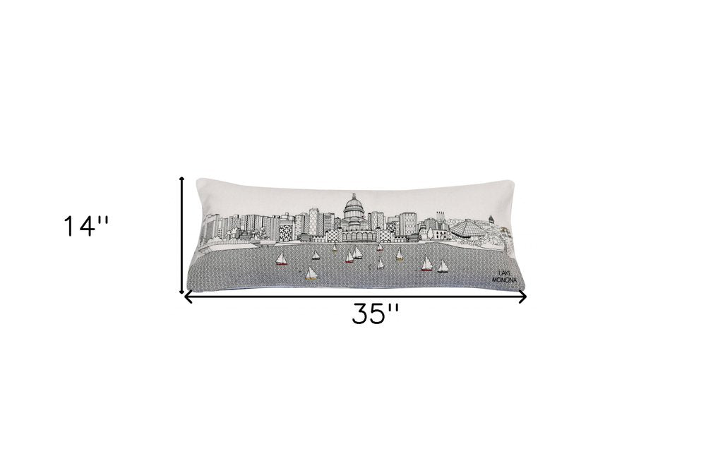 14" X 35" Dark Gray And White Madison Nighttime Skyline Lumbar Decorative Pillow
