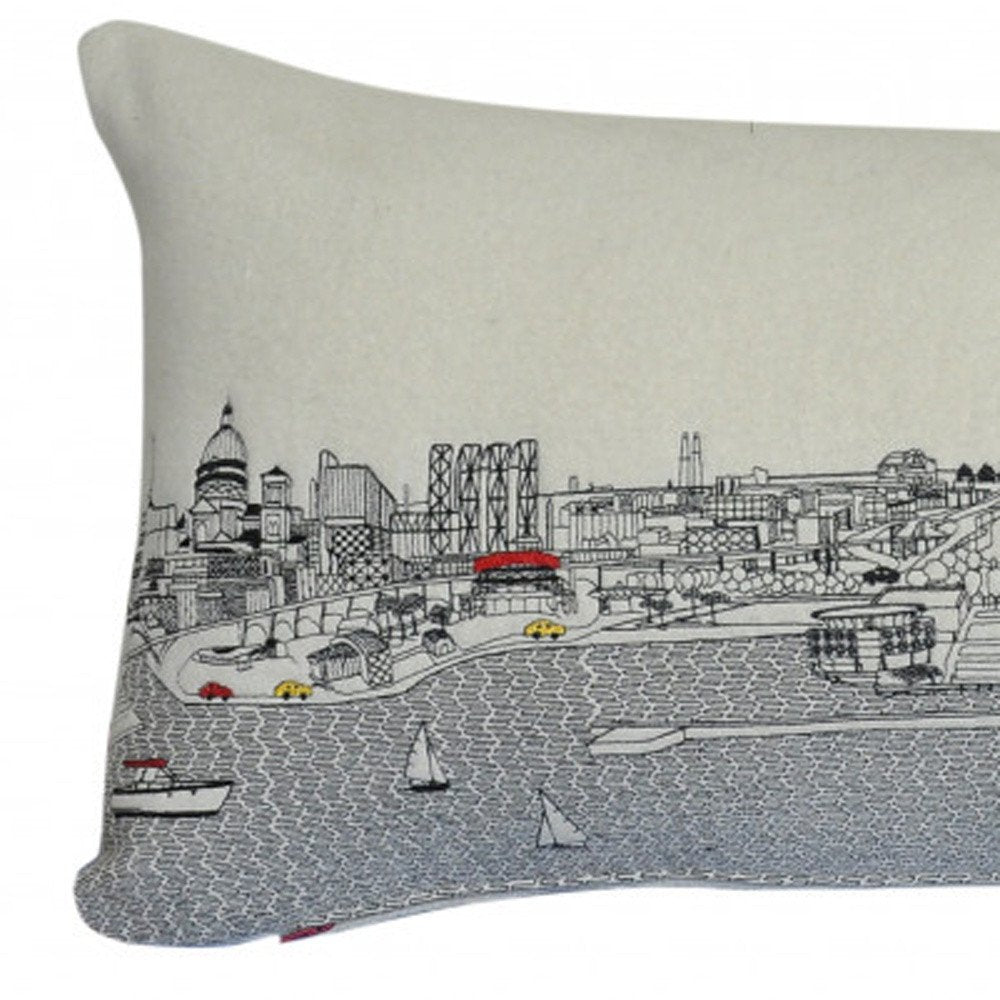 14" X 35" Dark Gray And White Milwaukee Nighttime Skyline Lumbar Decorative Pillow