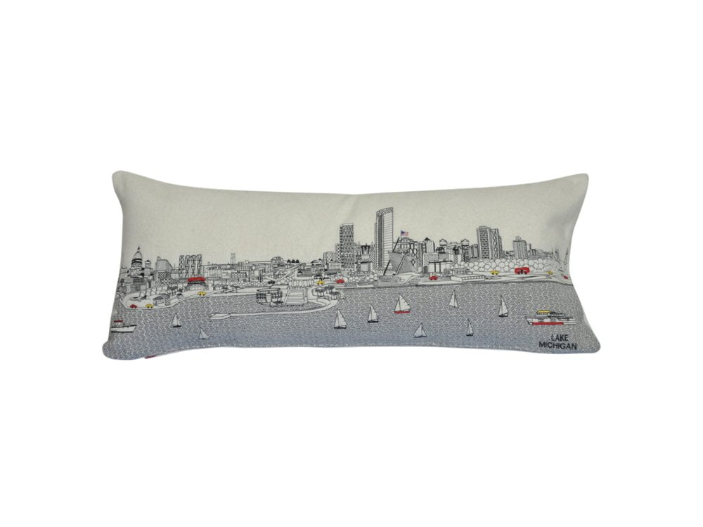 14" X 35" Dark Gray And White Milwaukee Nighttime Skyline Lumbar Decorative Pillow