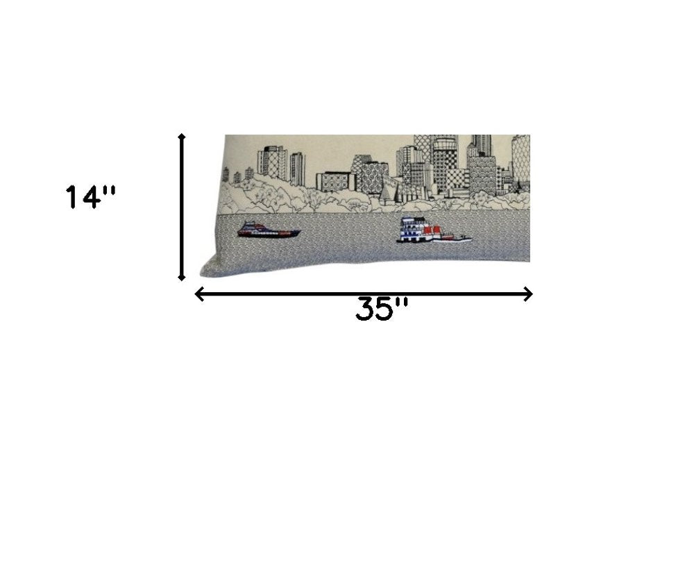 14" X 35" Dark Gray And White Minneapolis Nighttime Skyline Lumbar Decorative Pillow