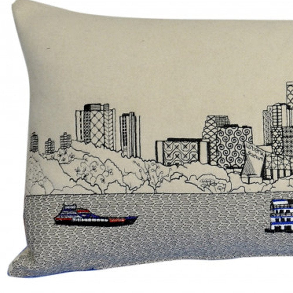 14" X 35" Dark Gray And White Minneapolis Nighttime Skyline Lumbar Decorative Pillow