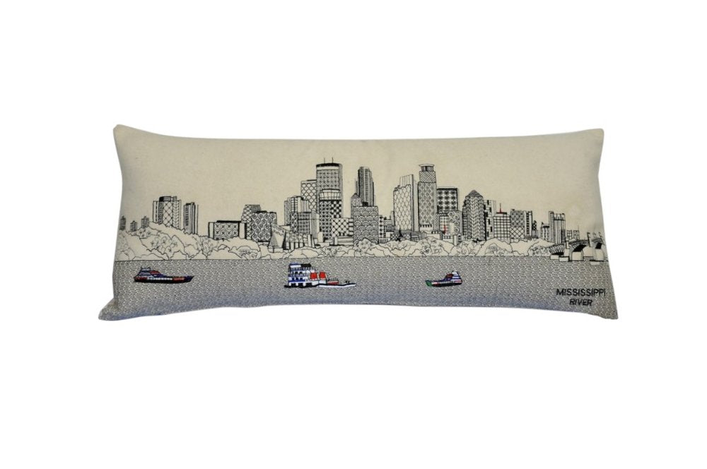 14" X 35" Dark Gray And White Minneapolis Nighttime Skyline Lumbar Decorative Pillow