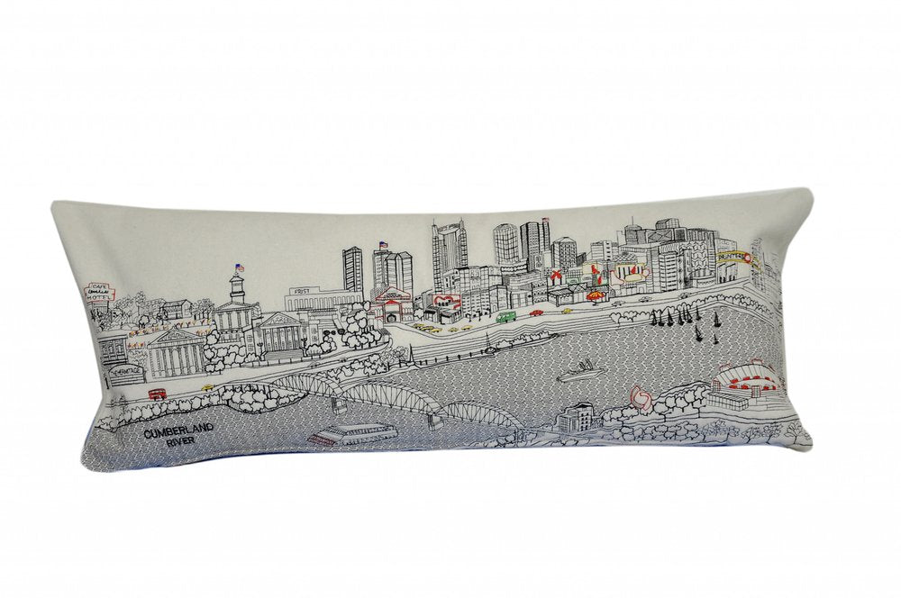 14" X 35" Dark Gray And White Nashville Nighttime Skyline Lumbar Decorative Pillow