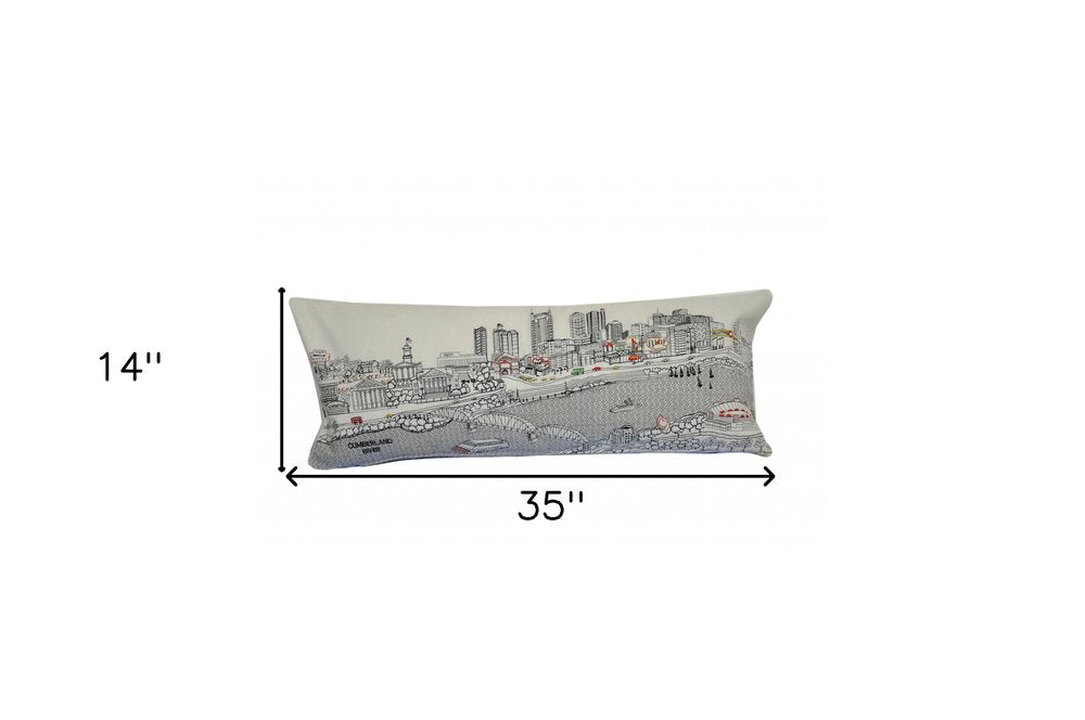 14" X 35" Dark Gray And White Nashville Nighttime Skyline Lumbar Decorative Pillow