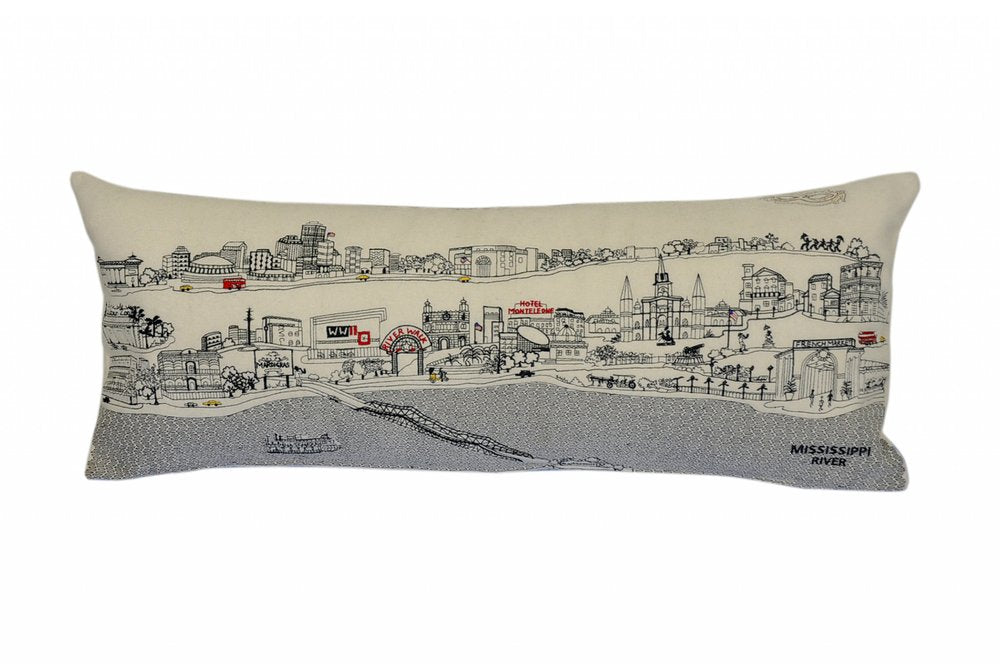 14" X 35" Dark Gray And White New Orleans Nighttime Skyline Lumbar Decorative Pillow
