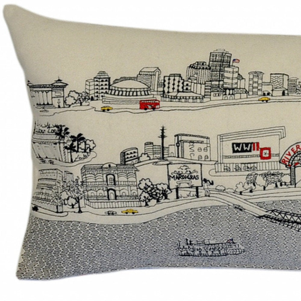 14" X 35" Dark Gray And White New Orleans Nighttime Skyline Lumbar Decorative Pillow