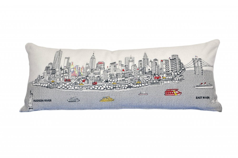 14" X 35" Dark Gray And White NYC Nighttime Skyline Lumbar Decorative Pillow