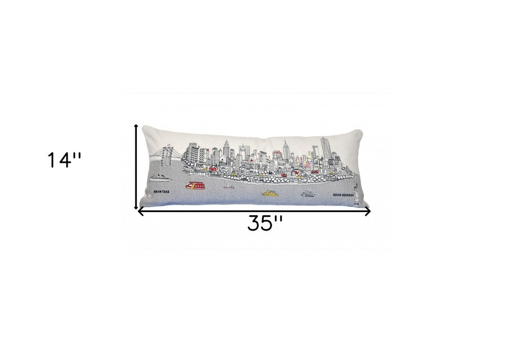 14" X 35" Dark Gray And White NYC Nighttime Skyline Lumbar Decorative Pillow