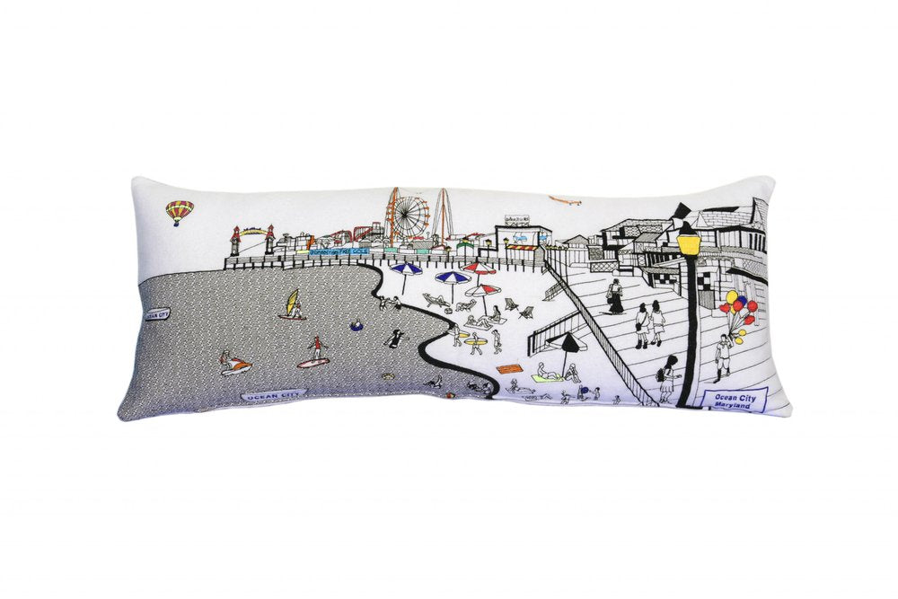 14" X 35" Dark Gray And White Ocean City Nighttime Skyline Lumbar Decorative Pillow