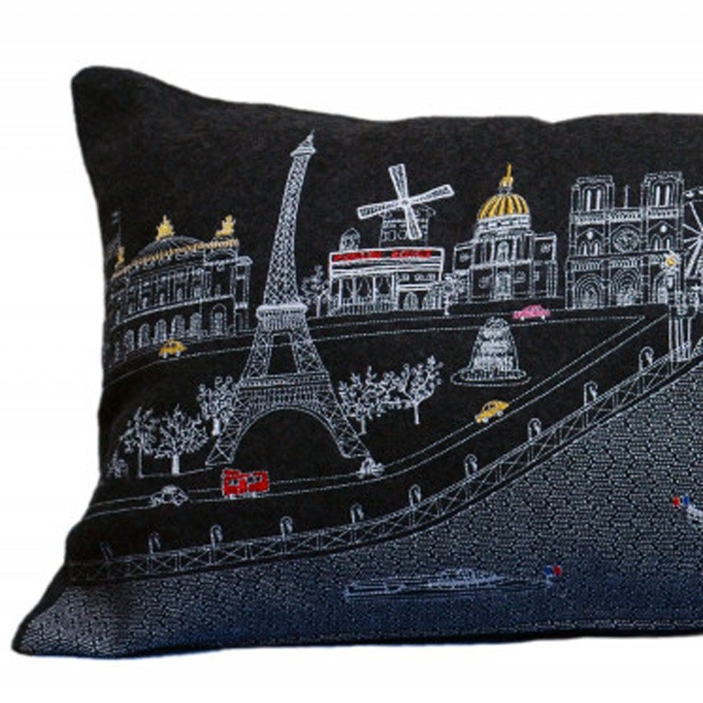14" X 35" Dark Gray And White Paris Nighttime Skyline Lumbar Decorative Pillow