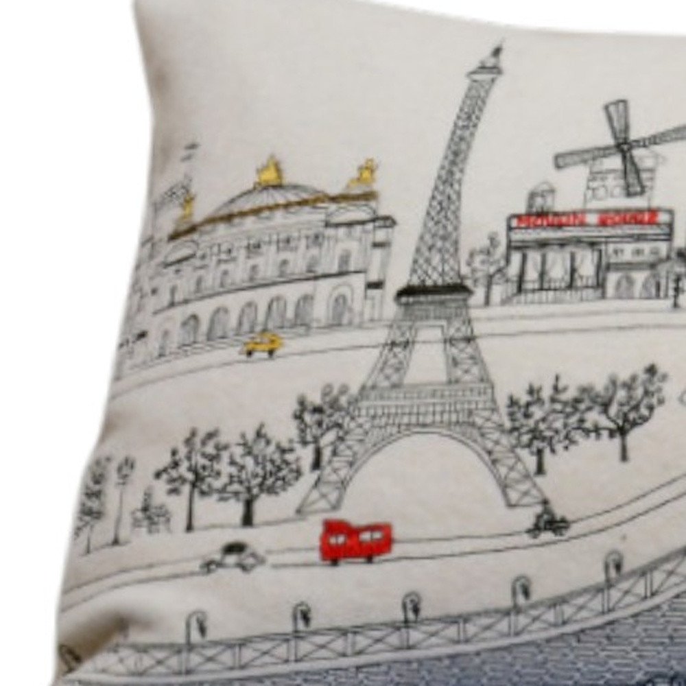 14" X 35" Dark Gray And White Paris Nighttime Skyline Lumbar Decorative Pillow