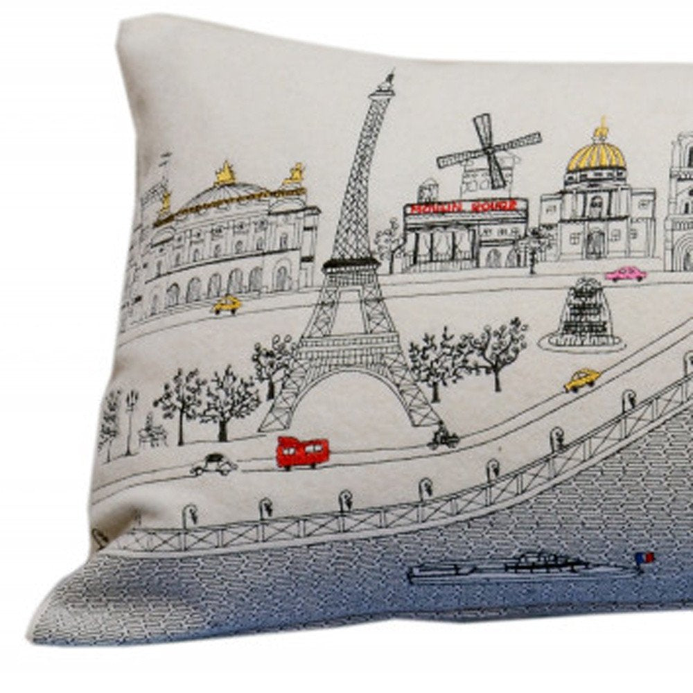 14" X 35" Dark Gray And White Paris Nighttime Skyline Lumbar Decorative Pillow