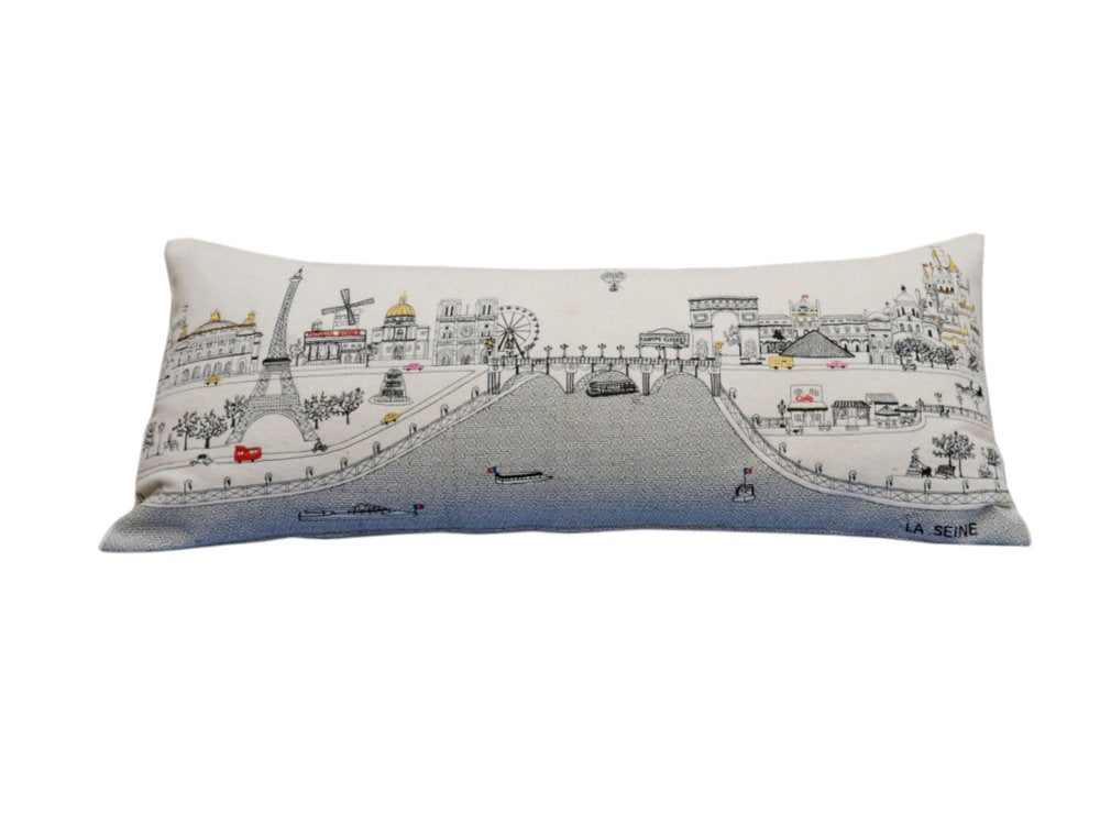 14" X 35" Dark Gray And White Paris Nighttime Skyline Lumbar Decorative Pillow
