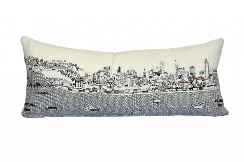 14" X 35" Dark Gray And White Philadelphia Nighttime Skyline Lumbar Decorative Pillow