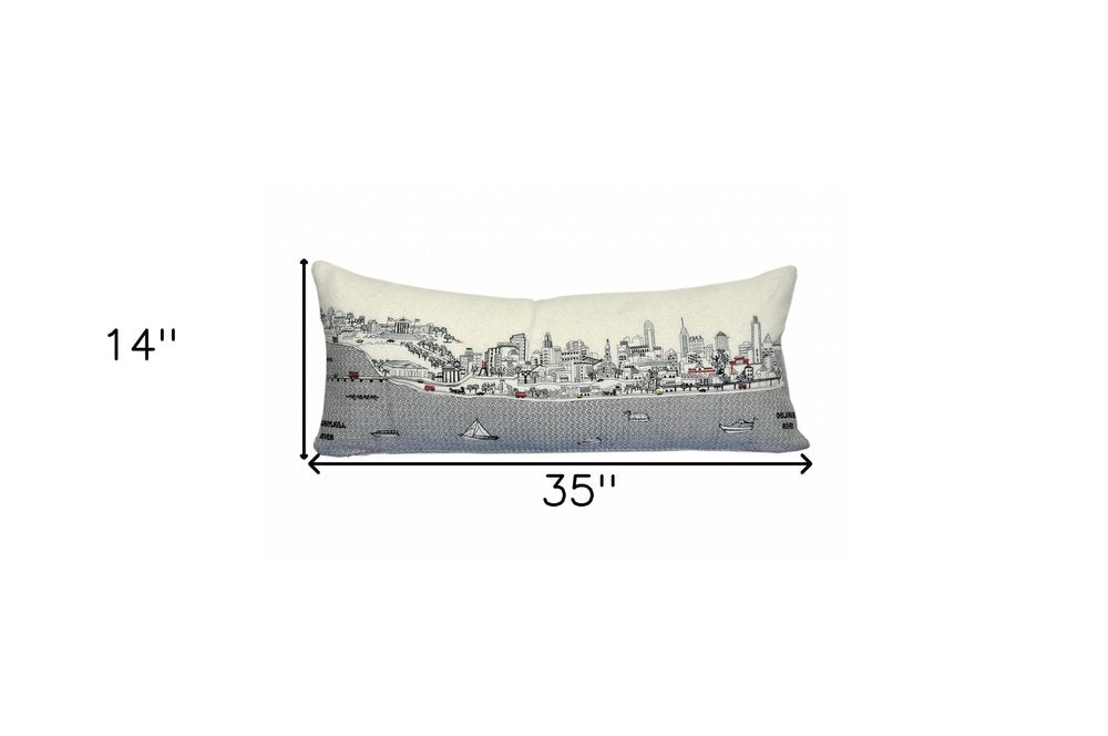14" X 35" Dark Gray And White Philadelphia Nighttime Skyline Lumbar Decorative Pillow
