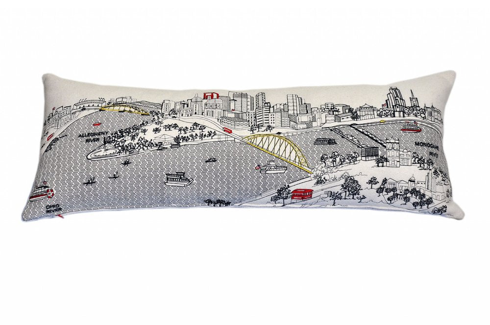 14" X 35" Dark Gray And White Pittsburgh Nighttime Skyline Lumbar Decorative Pillow