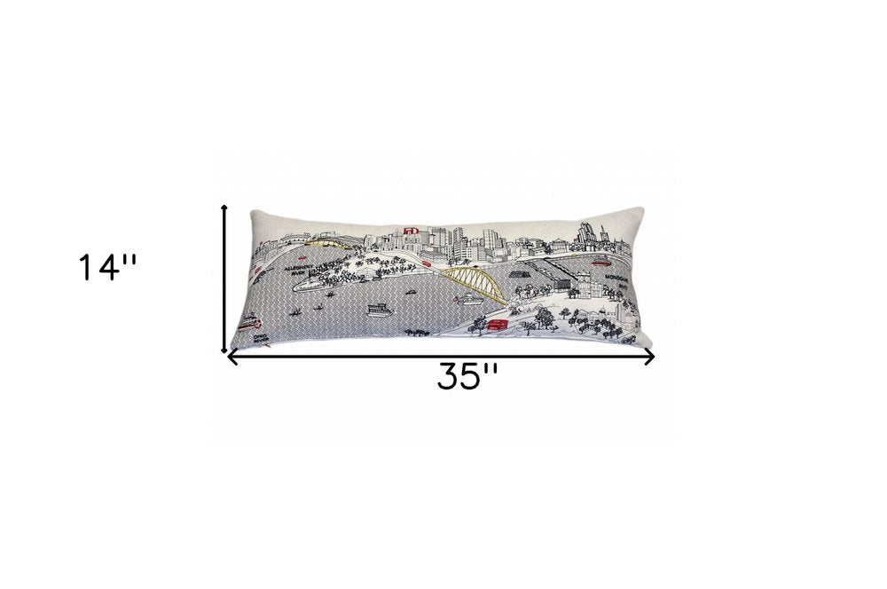 14" X 35" Dark Gray And White Pittsburgh Nighttime Skyline Lumbar Decorative Pillow