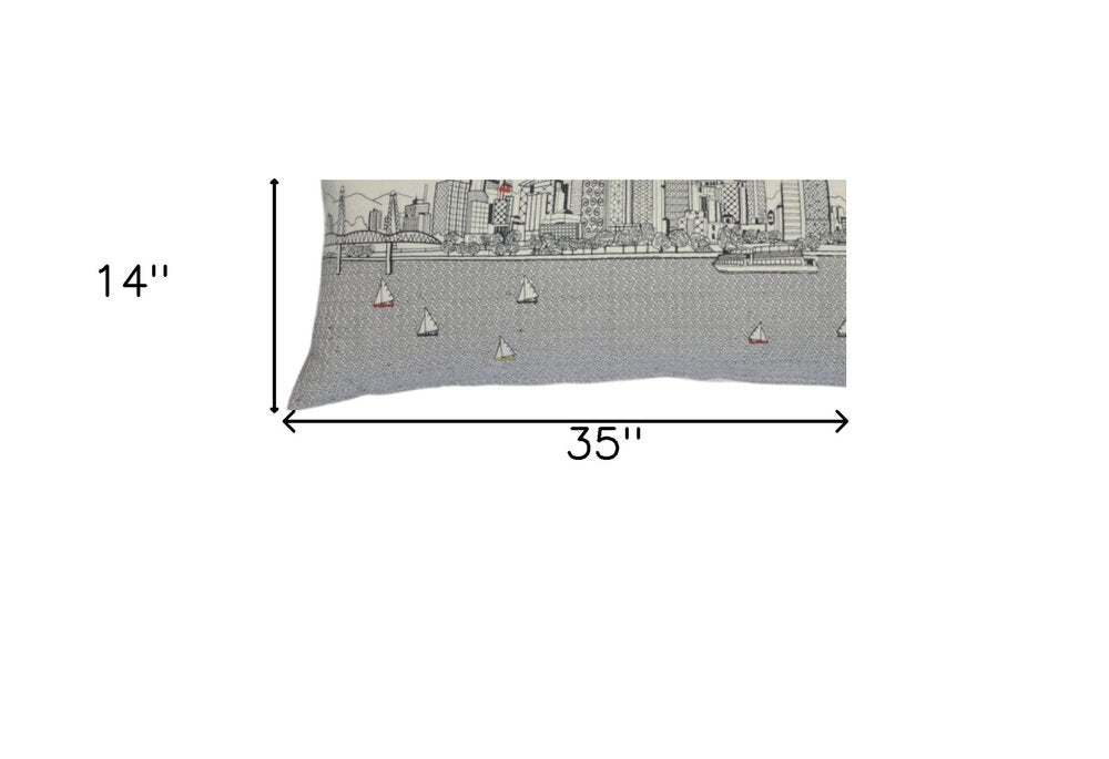 14" X 35" Dark Gray And White Portland Nighttime Skyline Lumbar Decorative Pillow