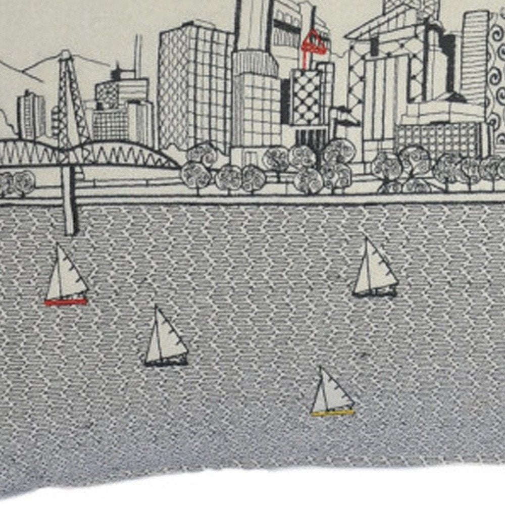 14" X 35" Dark Gray And White Portland Nighttime Skyline Lumbar Decorative Pillow