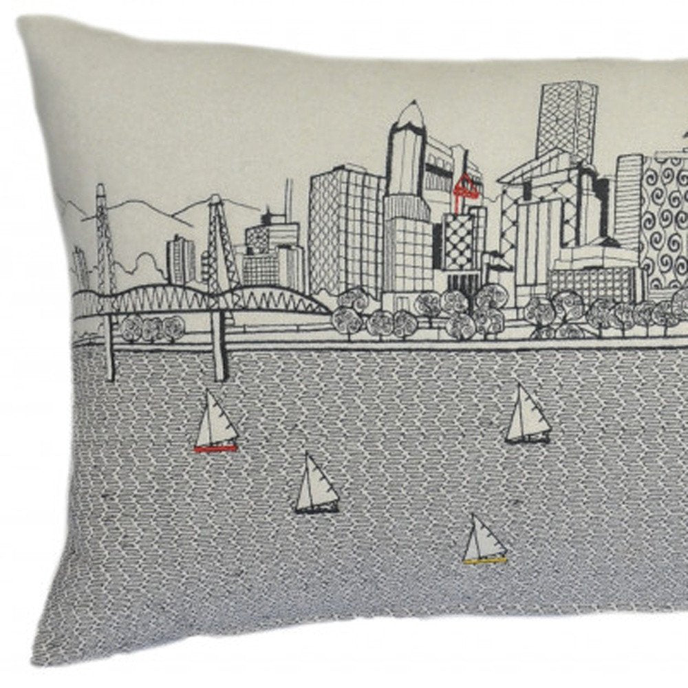 14" X 35" Dark Gray And White Portland Nighttime Skyline Lumbar Decorative Pillow