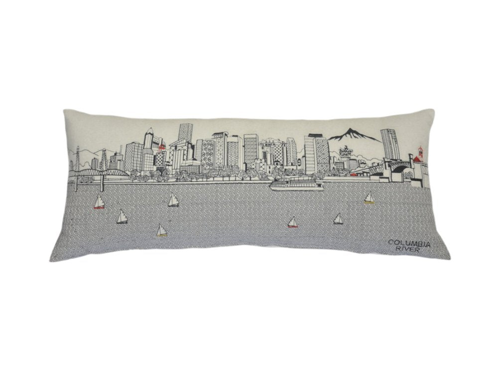 14" X 35" Dark Gray And White Portland Nighttime Skyline Lumbar Decorative Pillow