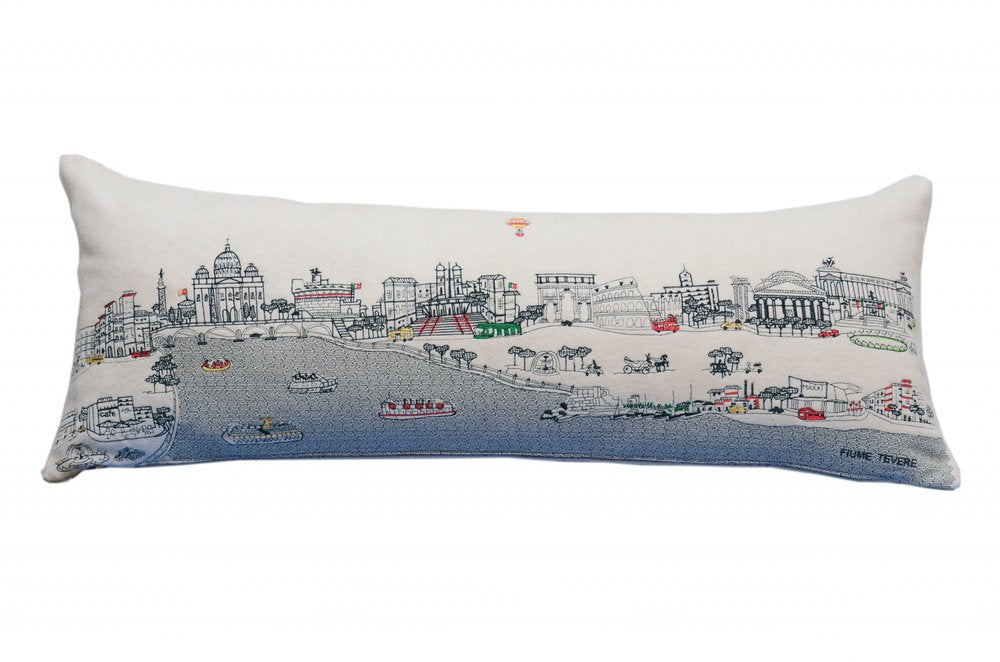 14" X 35" Dark Gray And White Rome Nighttime Skyline Lumbar Decorative Pillow
