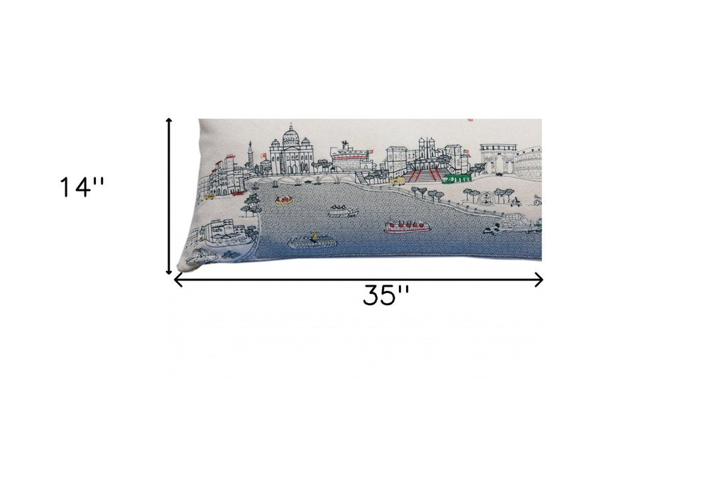 14" X 35" Dark Gray And White Rome Nighttime Skyline Lumbar Decorative Pillow