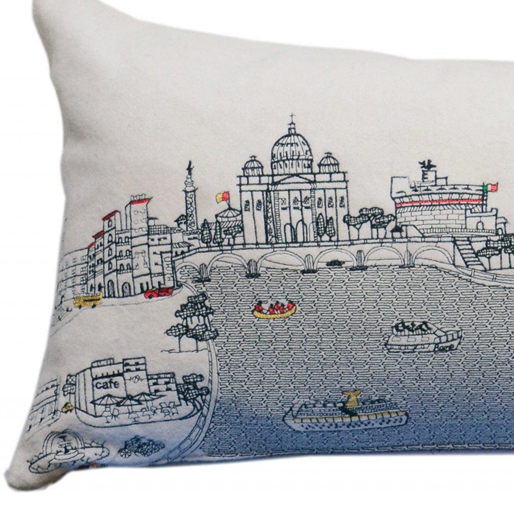 14" X 35" Dark Gray And White Rome Nighttime Skyline Lumbar Decorative Pillow