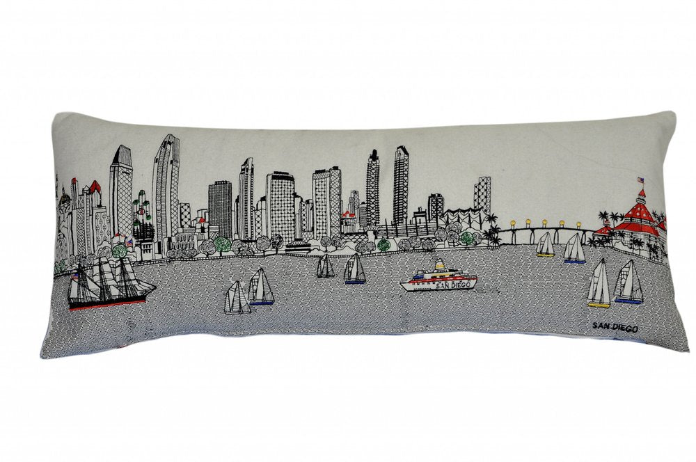 14" X 35" Dark Gray And White San Diego Nighttime Skyline Lumbar Decorative Pillow